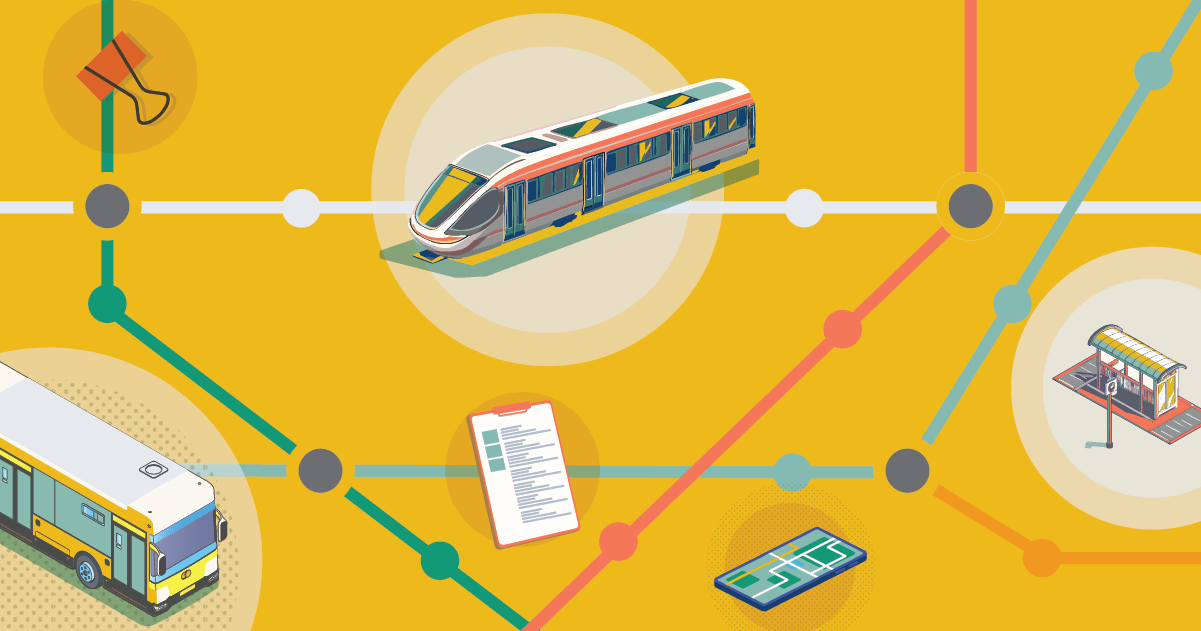 Public transportation service safari blog header graphic showing maps and transit vehicles