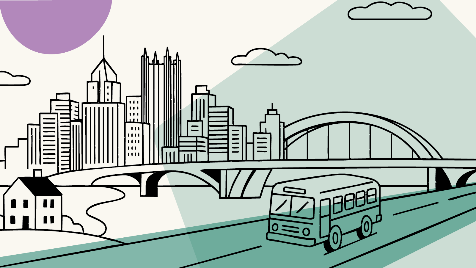 blog graphic for The Aesthetics of the City Through the Attention of the Everyday: A Pittsburgh Public Transport Story, showing the city of Pittsburgh and a bus