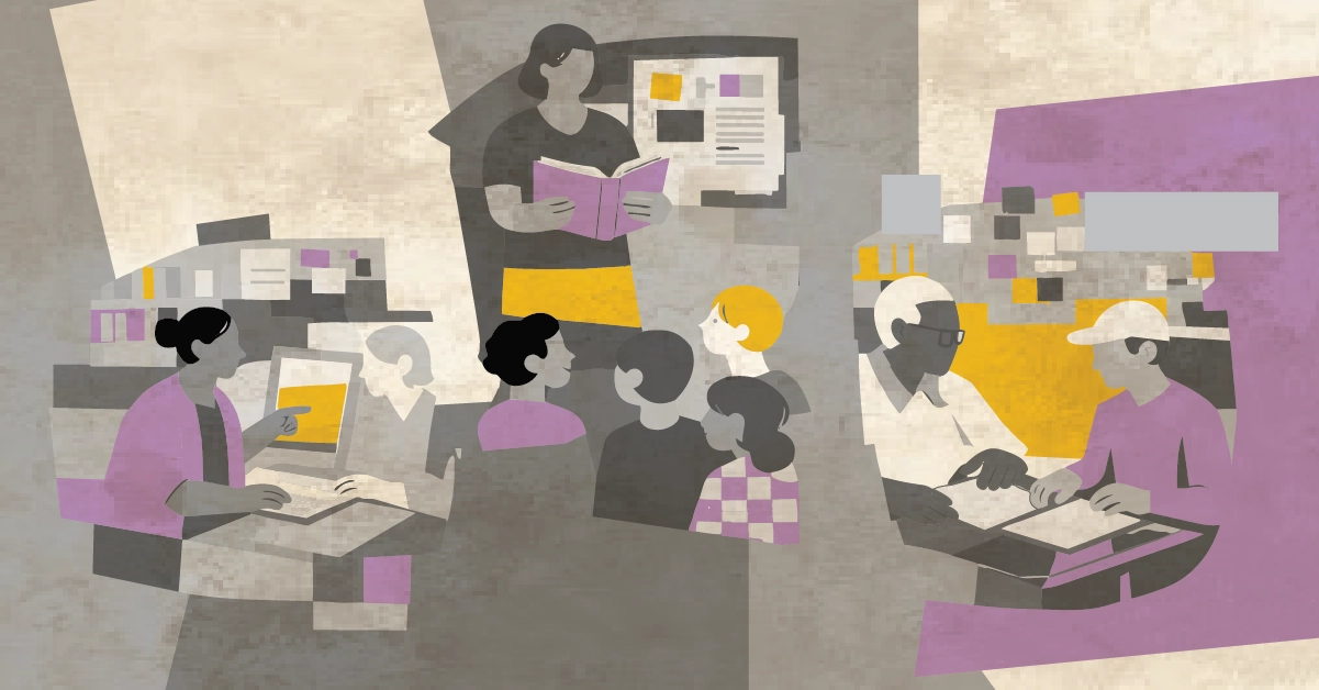 a graphic showing vignettes of library services and people interacting