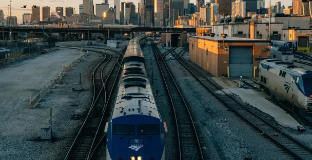 Amtrak train with Chicago skyline