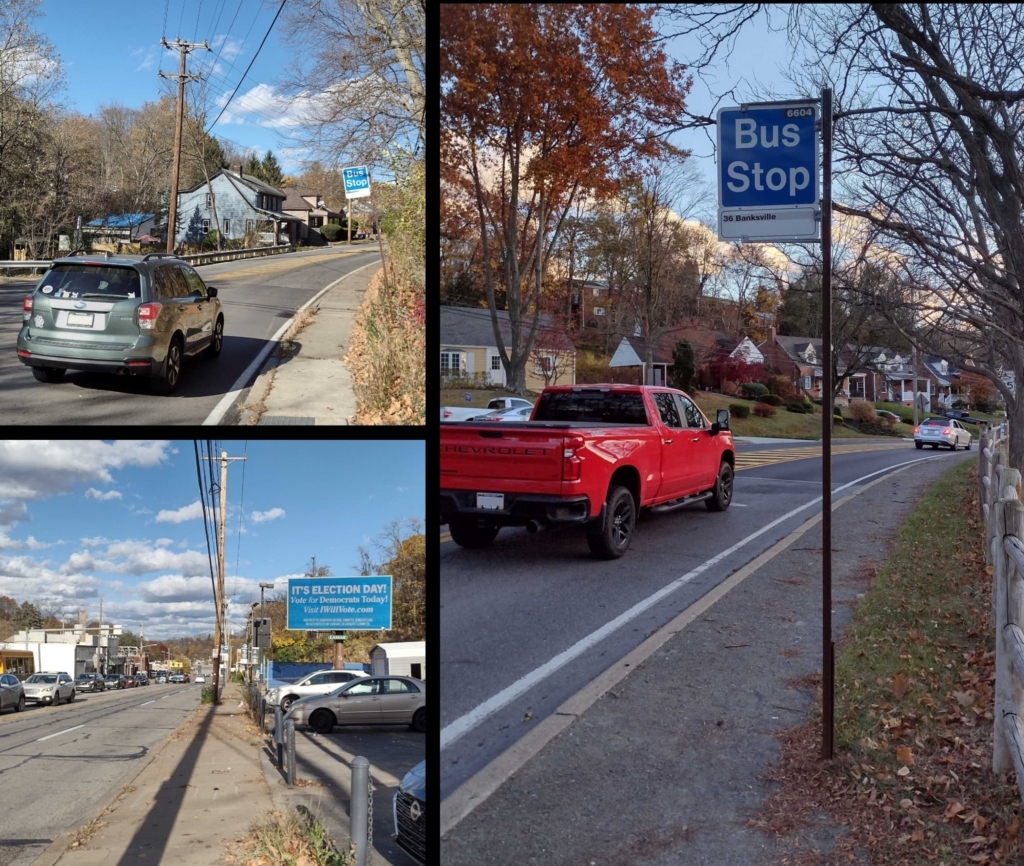 Photos around Pittsburgh at bus stops. The spaces for cars are much more prominent in comparison to sidewalks for pedestrians, and bike lanes are nowhere to be found in these areas around Pittsburgh. Little bus stop spaces and waiting areas are shared with pedestrians.