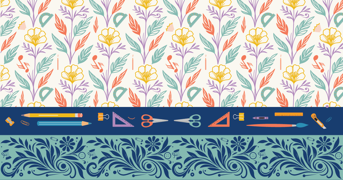 craft and creativity blog image hero featuring an arts and craft wallpaper graphic made up of crafting materials