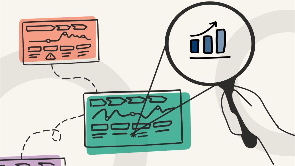 hand drawn graphic showing a magnifying glass holding up to several connected journeys