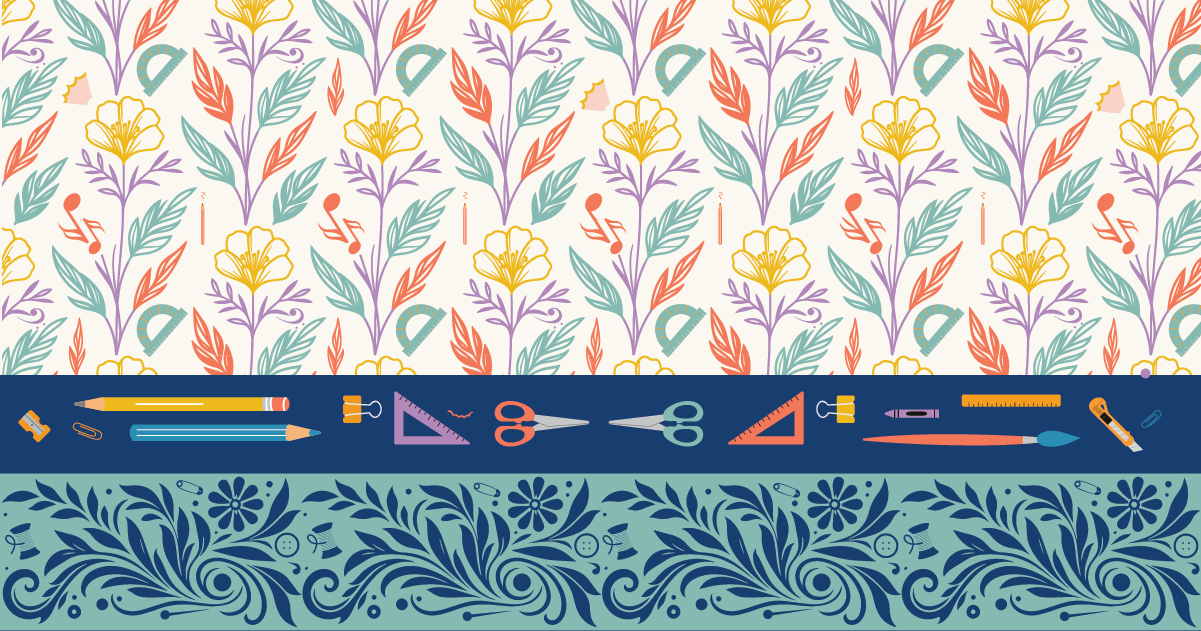 craft and creativity blog image hero featuring an arts and craft wallpaper graphic made up of crafting materials