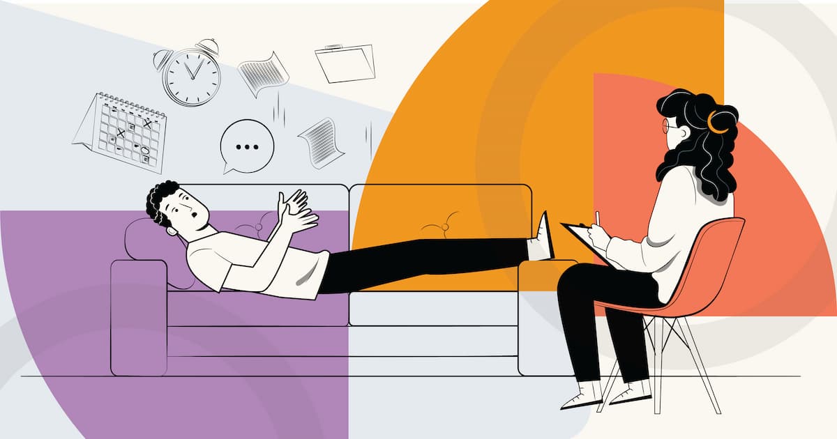 Business therapy graphic. A therapist couch and a conversation around business