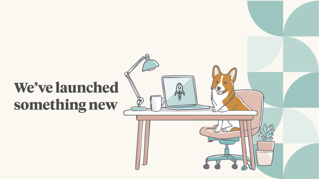 Harmonic Design Banner that shows an adorable corgi at the desk for a website launch