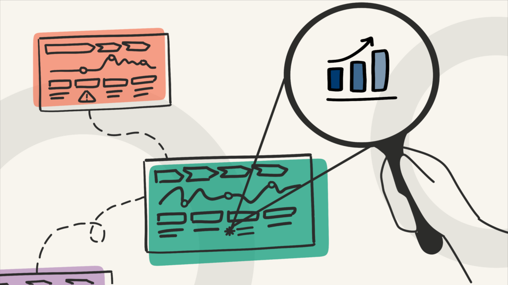 hand drawn graphic showing a magnifying glass holding up to several connected journeys