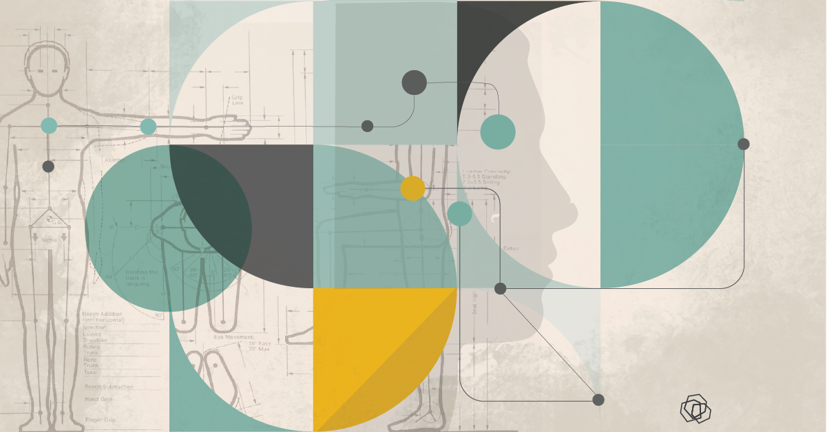a graphic collage of shapes, people, and data