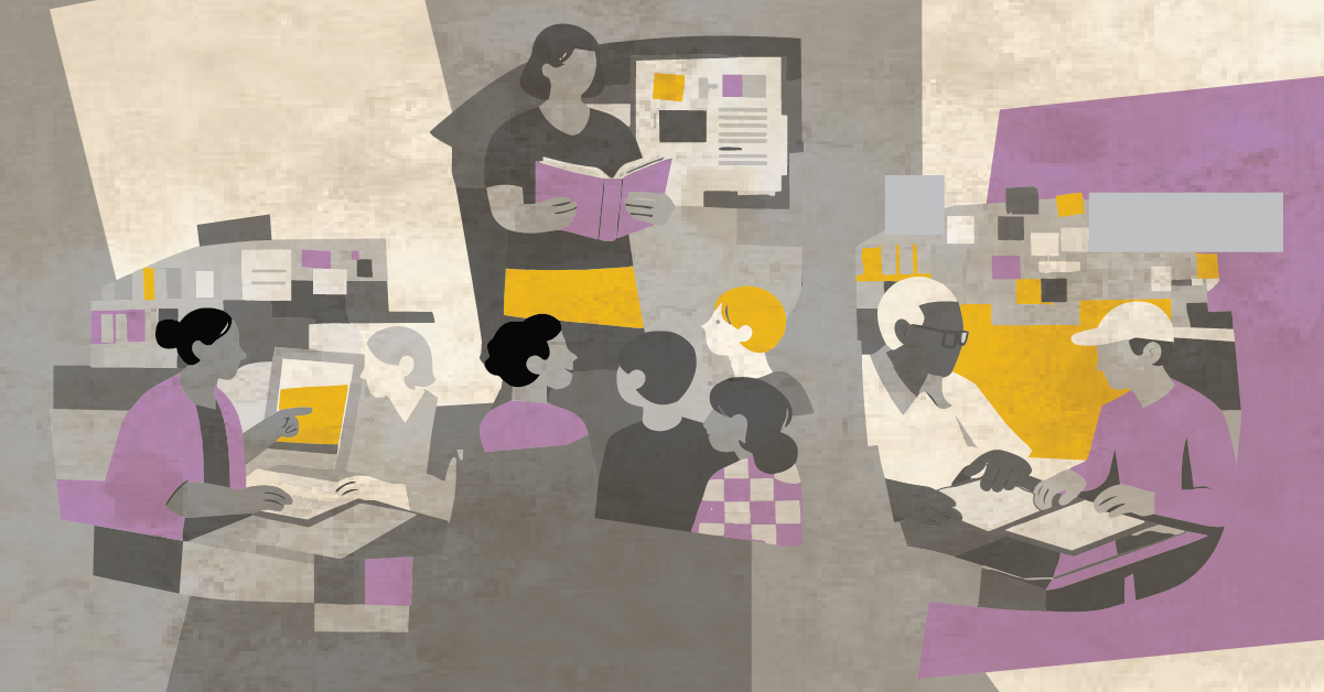 a graphic showing vignettes of library services and people interacting