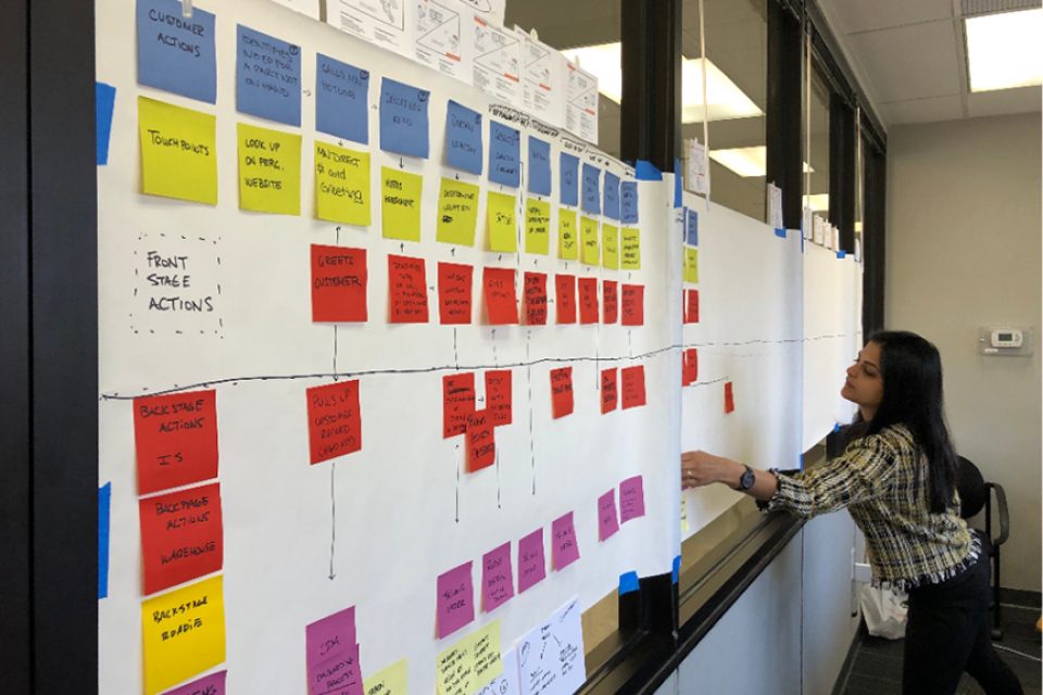 Shreya at a board with a service blueprint