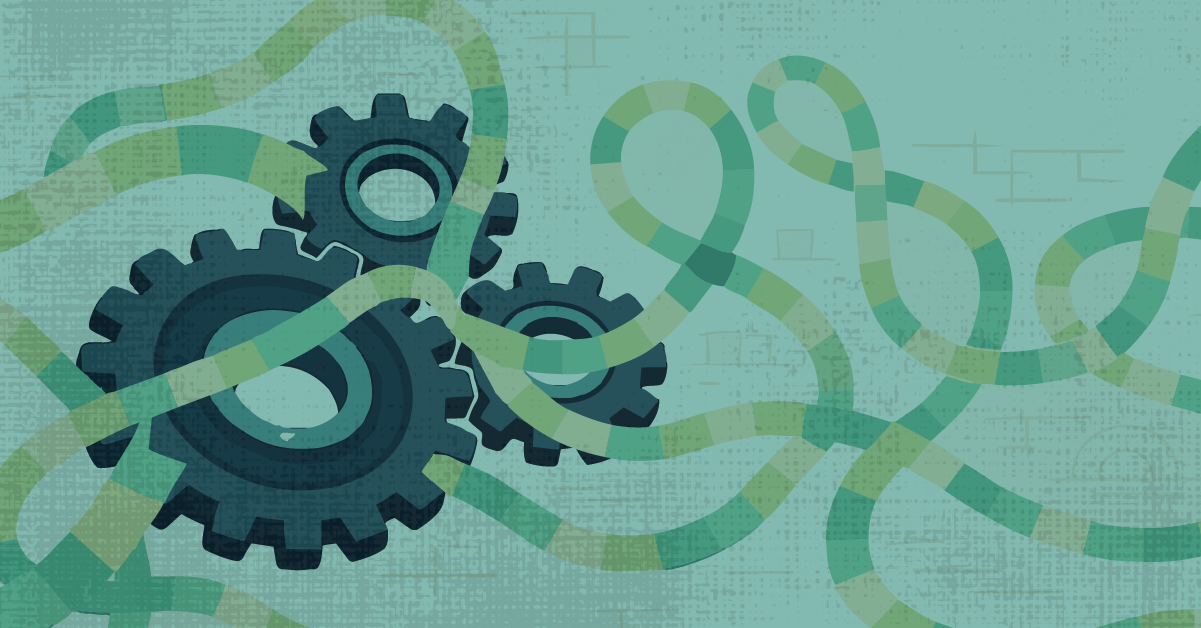 A blog graphic of journey management being disrupted by organizations symbolized as gears