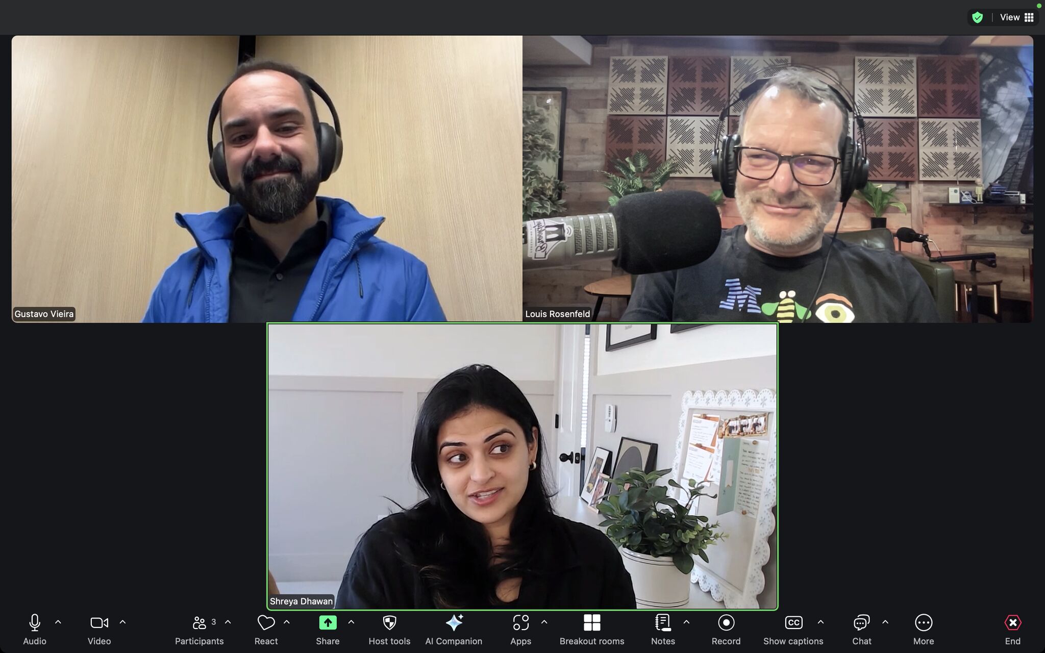 Shreya talking to Lou Rosenfeld and Gustavo Vieira on the Rosenfeld Podcast